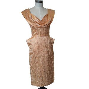 Vintage 1940s Audrie Gay Pale Peach Satin Embroidered Sleeveless Cocktail Dress